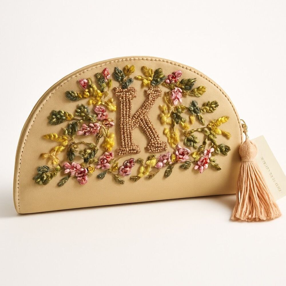 Anthropologie Embroidered Monogram Initial Clutch - Tan Floral Boho Style